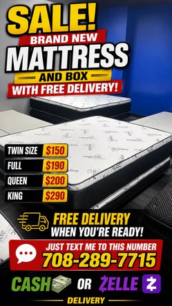 Huge sale for Mattress And Box brand  new Twin size #mattress and box 150.$ full 190$ Queen 200$ king 290$. free delivery free set up 708….289…7715… c
