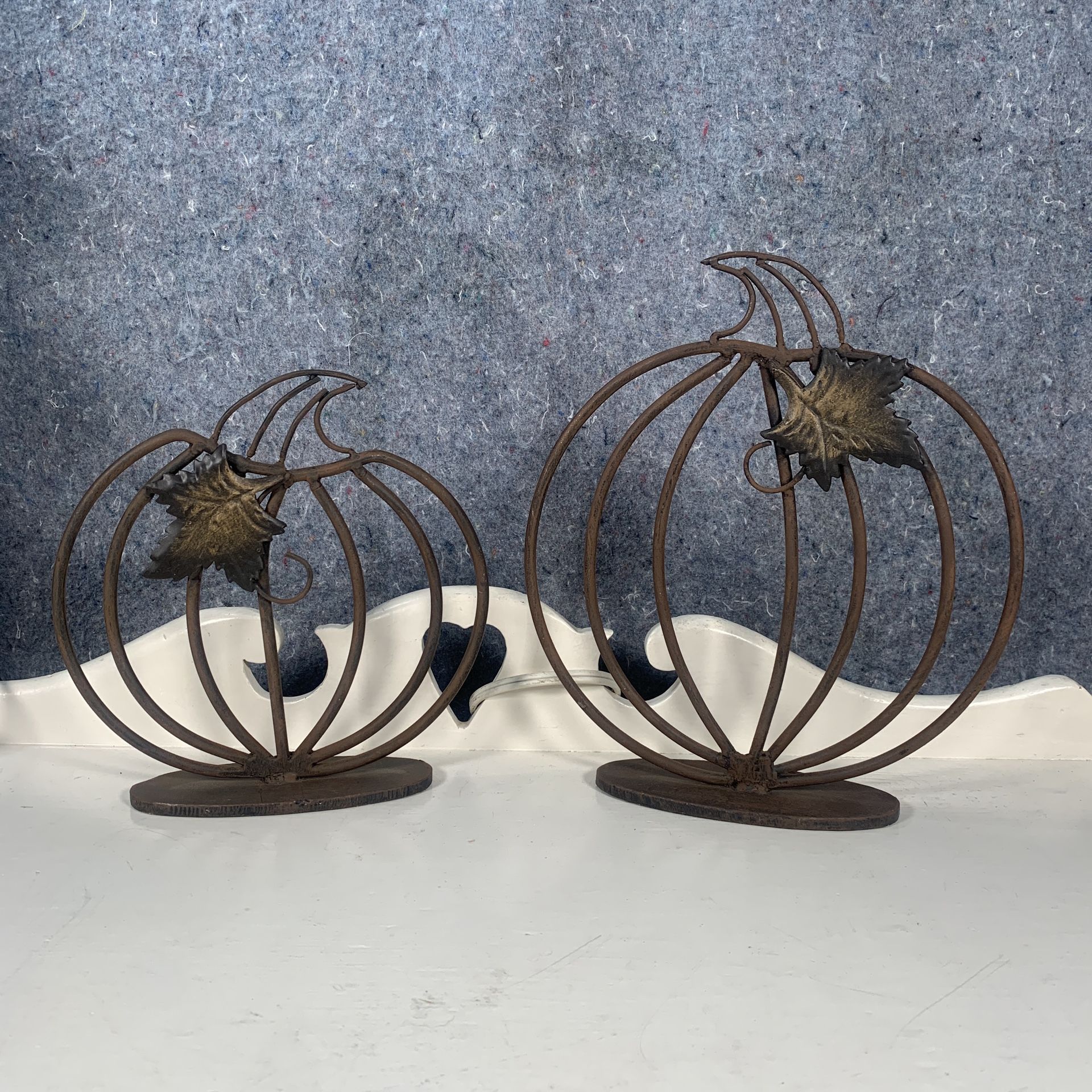 Two Wrought Iron Pumpkin Standing Accents Metal Decor Halloween Thanksgiving Fall Harvest
