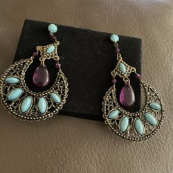 Avon Half Moon Dangle Earrings Pierced Faux Turquoise & Amethyst