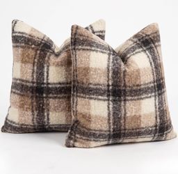 Curly Sherpa Farmhouse Throw Pillows - (Set of 2) -20 × 20 each - Plaid Cream,Black, Tan,Brown
