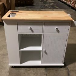  White MDF Kitchen Cart with Power Outlet, 5-Wheels, Drop Leaf and Rubber Wood