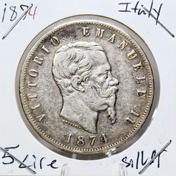 1874 Italy 5 Lire silver coin