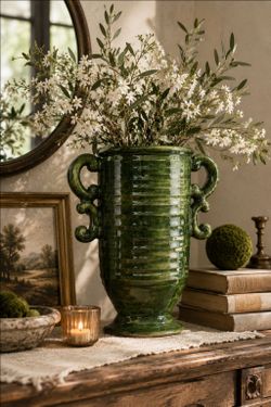 Pottery Barn Tall Green Ceramic Ornate Handled Vase 15.75"