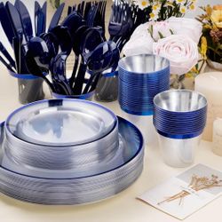 350PCS Blue and Clear Plastic Dinnerware Sets for 50 Guests #1126