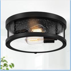 Black Flush Mount Ceiling Light Fixture, Farmhouse Light Fixture with Seeded Glass Lampshade, 2-Light Industrial Close to Ceiling Lighting for Hallway