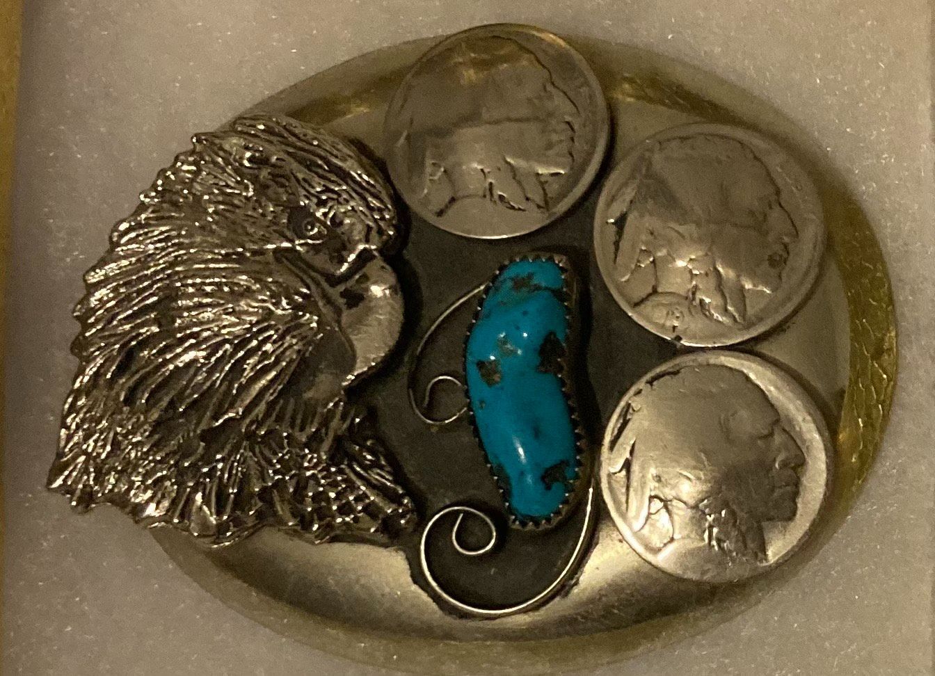 Vintage Metal Belt Buckle, Nice Eagle and Buffalo Nickle with Blue Turquoise Stone Design, Nice Western Design, Rodeo Entertainer, Bullfighter, Trick