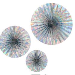 3 holographic or iridescent paper fan decorations- Party Supplies