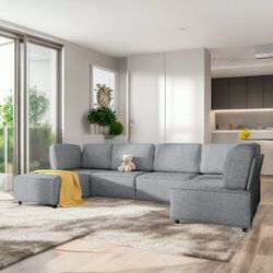 120"W Sectional Sofa, Soft Cozy Lounge, Convertible Modular Long Couches, Free Combination U/L Shape