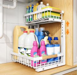 Under Sink Organizer, Adiustable Height, 2 Tier Pull Out Under Cabinet Oraanizer. Slide Out Thickened Metal Under Sink Storage