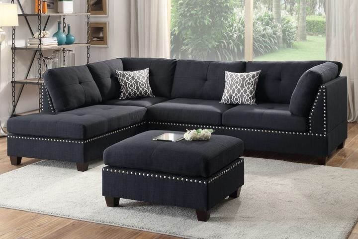 Poundex F6974 Black Sectional Ottoman Sofa Set