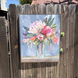 30 x 36 Framed Canvas Print of Flower Vase with Mini Pink, Orange, Green Flowers – Blue Gray Background – Great Home Decor