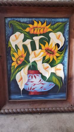 Mexican hand painting with hand carved wood frame