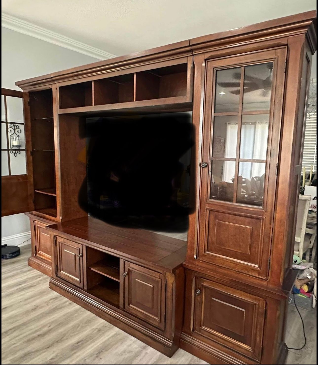Solid Wood wall unit entertainment center with lights in glass cabinets