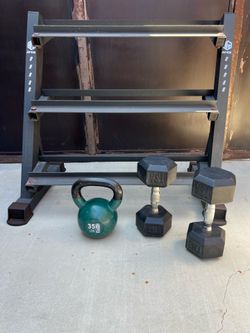 Pair 30 lb TSA dummbell - one 35 lb cattlebell and 3-tier dumbbell weight rack