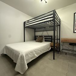 Queen Bed + Twin Loft Bunk – Modern Steel Frame + Tuft & Needle Mattresses (Like New)
