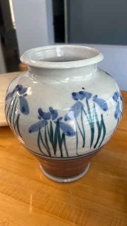 Ceramic Vase with Blue Iris Painting mason and holder