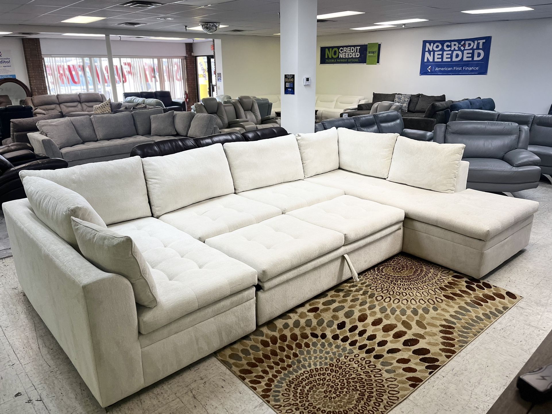 U Shaped Fabric Cream Sectional With Pull Out Bed - We Deliver & Finance π₯πππ‘πππ€©