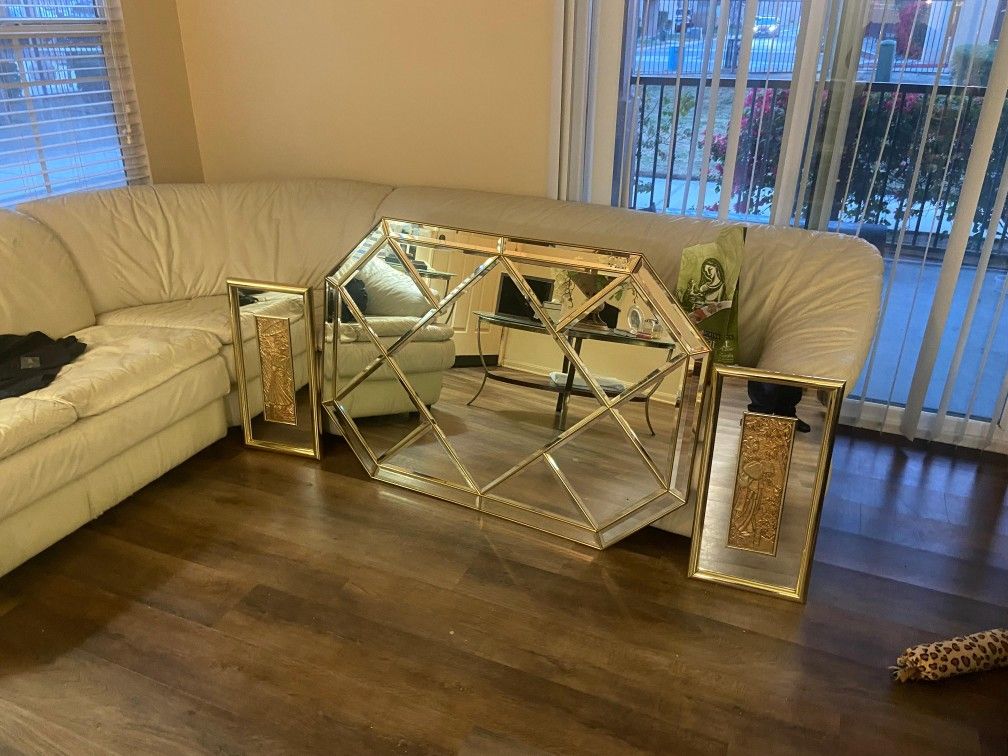 Brass Frame Harlequin Pattern Beveled Glass Mirror