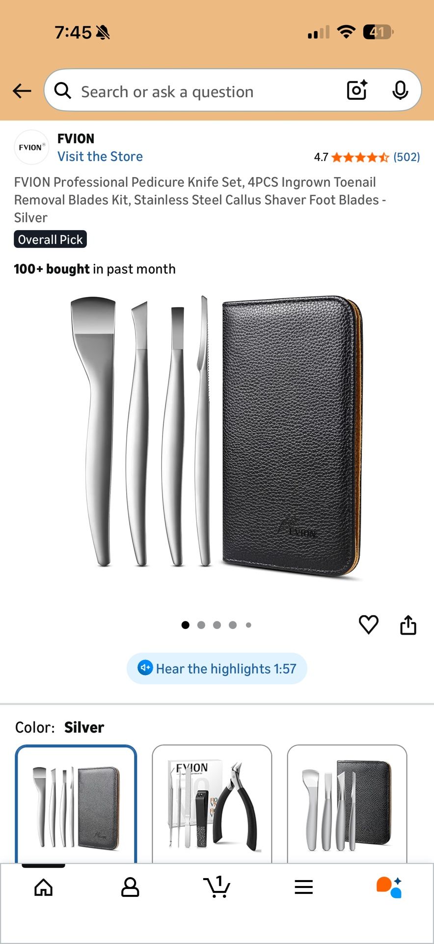 FVION Professional Pedicure Knife Set, 4PCS Ingrown Toenail Removal Blades Kit, Stainless Steel Callus Shaver Foot Blades - Silver