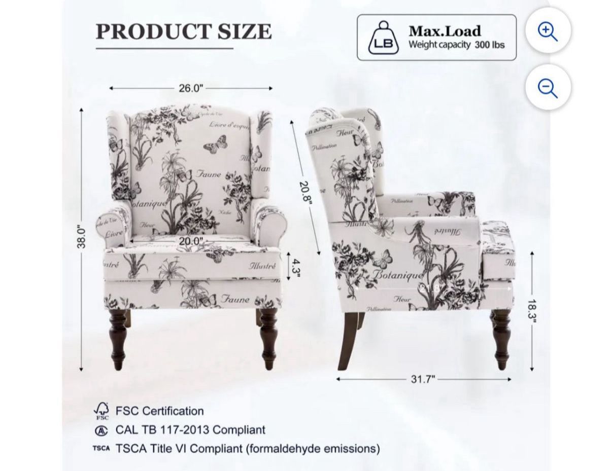 Wingback Accent Chair, Upholstered Mid Century Modern Armchair with Solid Wood Legs, Fabric Linen Leisure Single Sofa Chair for Living Room, Bedroom,