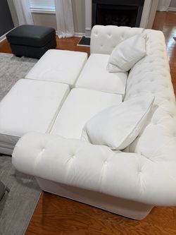 White Tufted Upholstered Luxurious Sofa with Ottomans