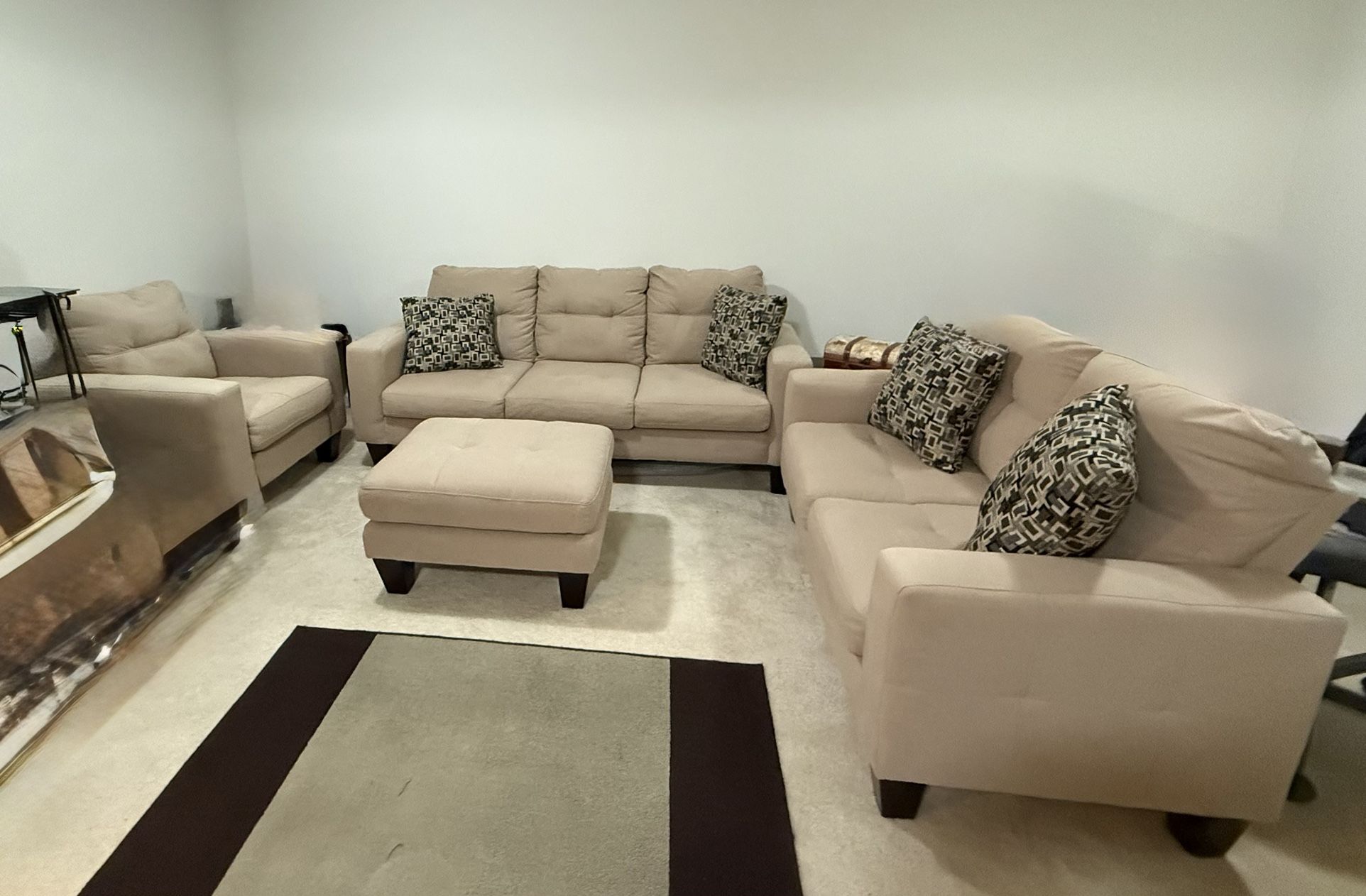 Beige Sofa Set w/Ottoman And Two Wooden Side Tables