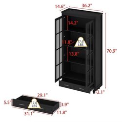 😀 ECACAD 36.2”L x14.6Wx70.9”H Bookcase Storage Cabinet with Glass Doors & Drawer, 3-Tier Wooden Bookshelf Display Cabinet for Living Room,