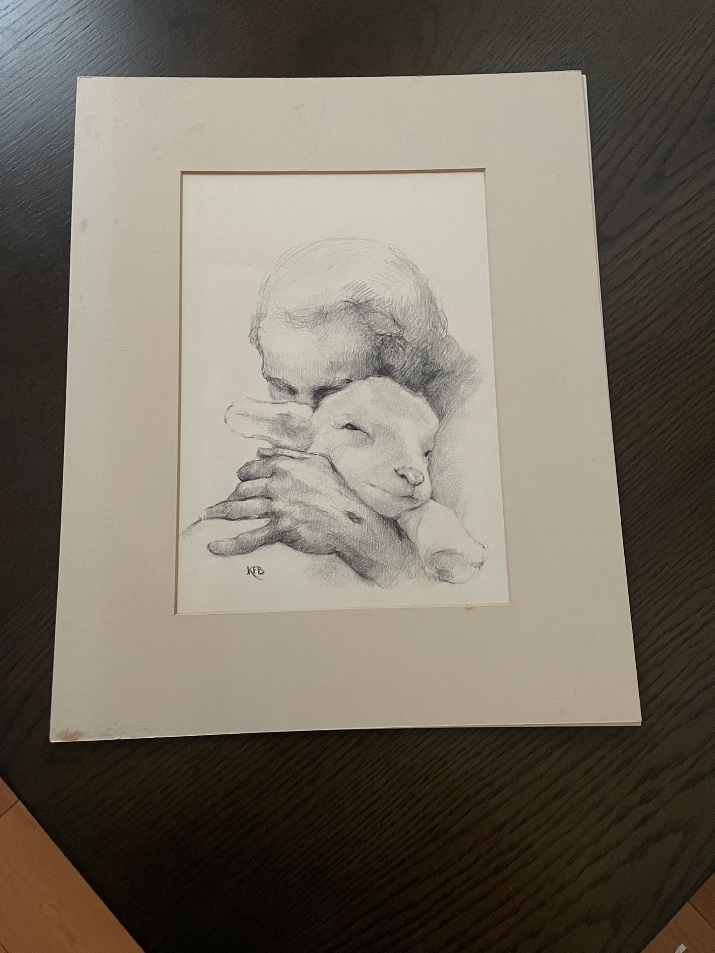 Vintage Katherine F Brown KFB Jesus and the Lamb Pencil Sketch Print. 15.5” X 12.5” w/border