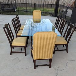Vintage Henredon Dining Room Table and 8 Chairs Beveled Glass Tabletop Top Brass Base Legs GORGEOUS
76" long. 45" wide The glass is almost 3/4" Thick
