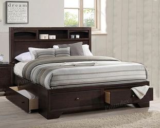 Queen Bed - Bookcase headboard & storage drawers