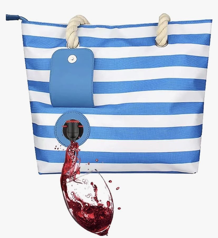 Amazon Blue & White Striped Beach Wine Tote Bag with Hidden Spout - New
