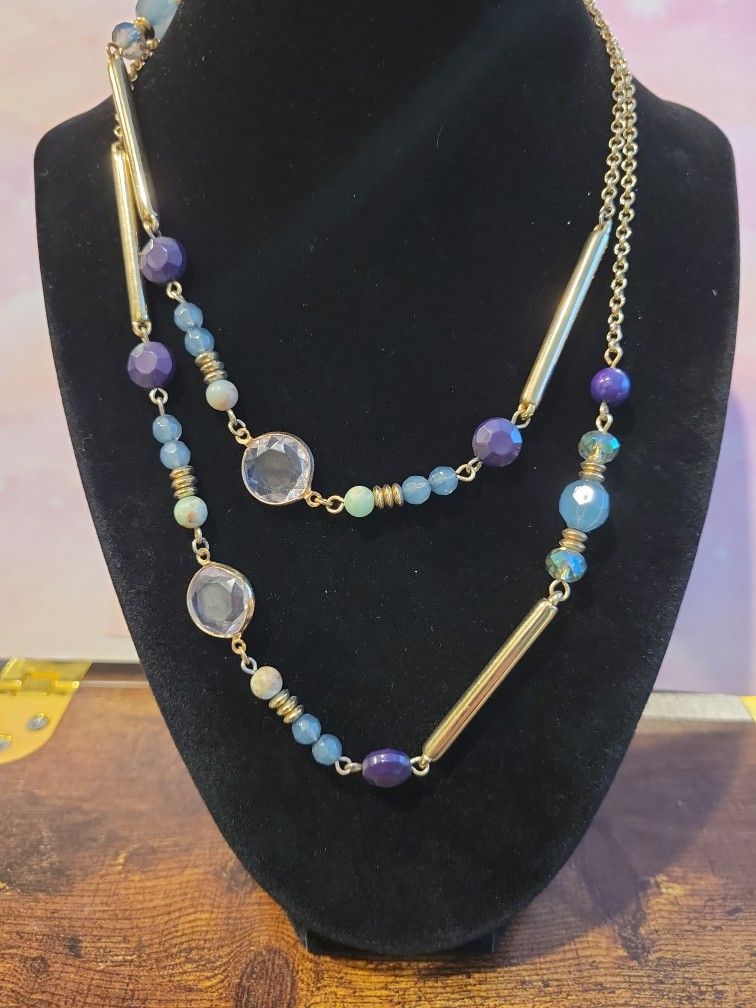 Casual Necklace Purple and Blue Beaded Goldtone Chain Bar Links 36"+2" Extender F12