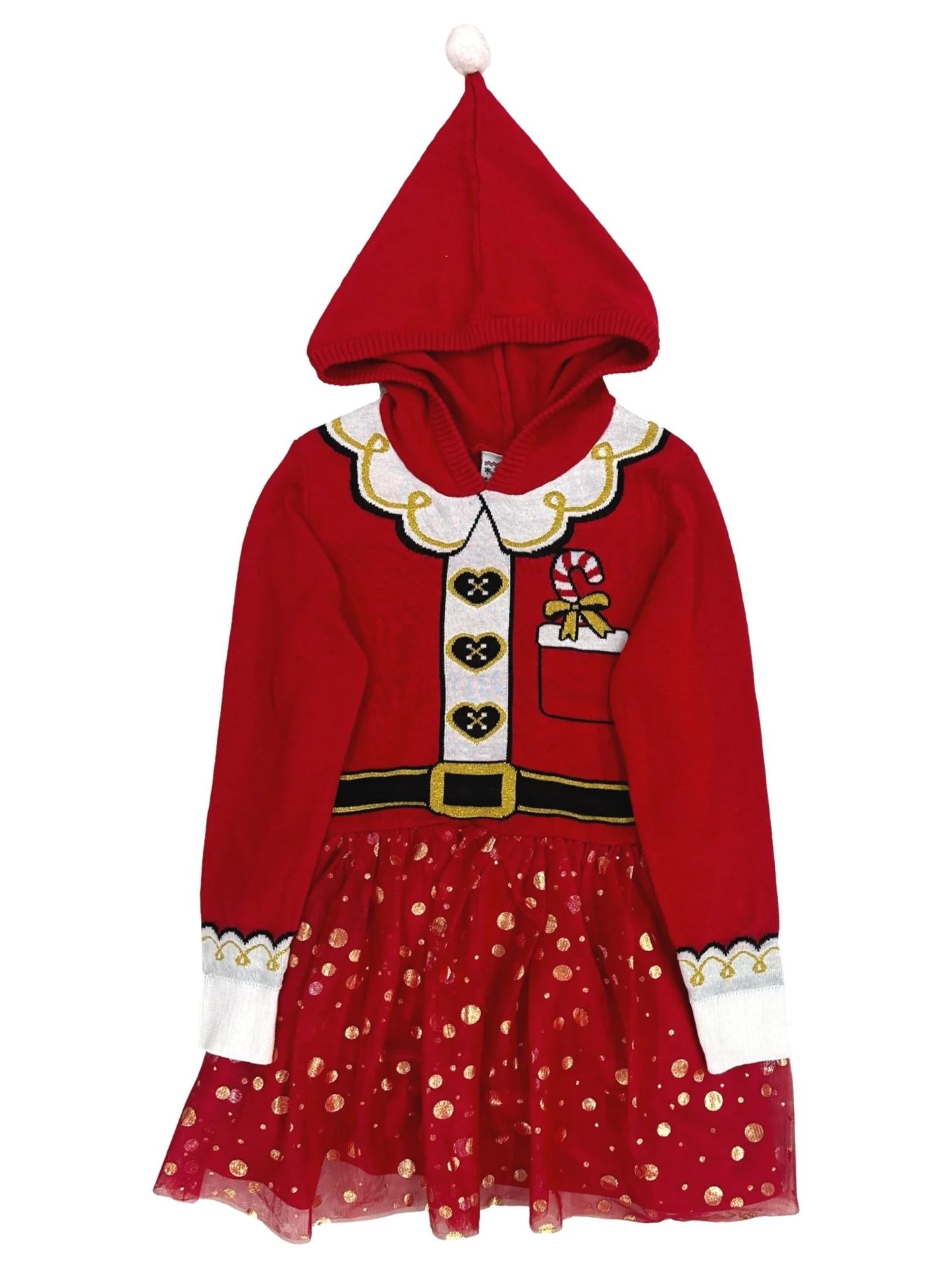 Girls Red Gold Christmas Santa Claus Festive Holiday Sweater Dress Tulle Skirt L
