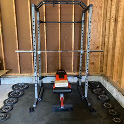 Squat Rack Power Cage with Barbell, Plates, and Bench