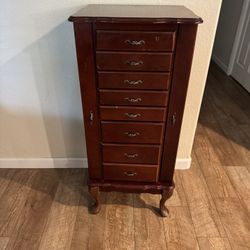 Antique Wooden Floor Standing Jewelry Armoire with Cubbies, Mirrored Lid, 8 Drawers, and Wing-Open Sides 