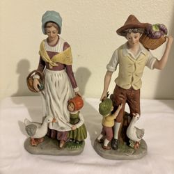 Vintage Pair Young Farm Family Figurines Mother Father Children Geese