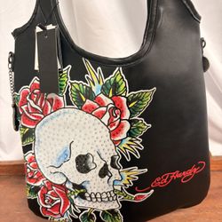 Ed Hardy Tote Black Skull Flowers Rhinestone Magnetic Closure NWT