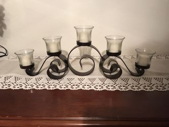 World Market Black iron candle holder with 5 new candles - 22 inches long - perfect condition