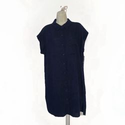 Size 12 Calvin Klein Navy Blue Linen Blend Shirt Dress Button Pocket Short Sleev