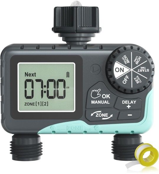 RAINPOINT Sprinkler Timer 2 Outlet, Water Timer for Garden Hose, Programmable Drip Irrigation Timer for Yard Outdoor Watering, Rain Delay/Manual/Autom