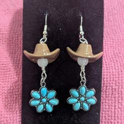 Handmade Brown Cowboy Hat & Faux Turquoise Flower Dangle Earrings
