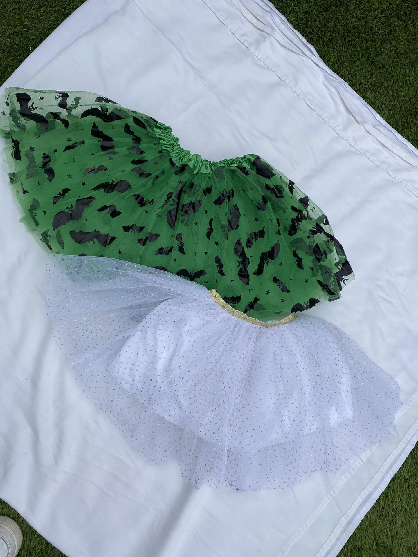 Set of 2 Tutus – Green Bat Halloween Skirt & White Sparkle Tulle Skirt