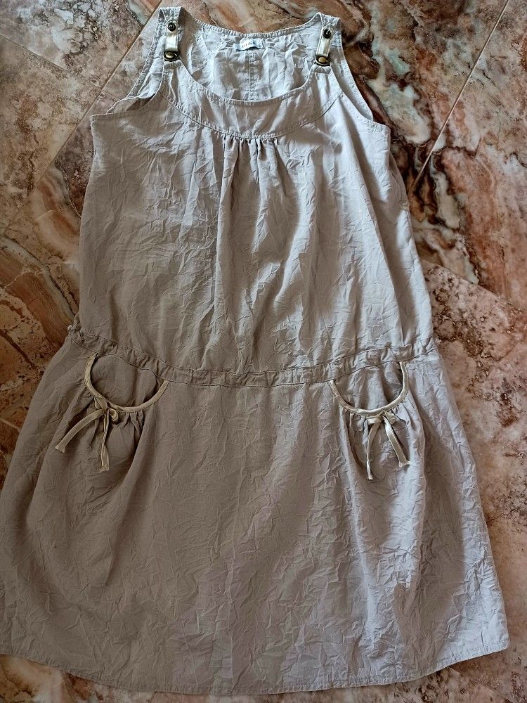 women linen beige sarafan pinafore jump sundress dress size L ( EU 46)