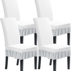 Brand New Qubjus Washable Dining Chair Slipcover Stretch Chair Covers with Skirt for Dining Room  (White & Grey, 4PC)