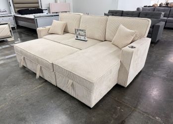 Beautiful‼️ 2-pc sectional sofa w/ pullout bed & storage ivory corduroy