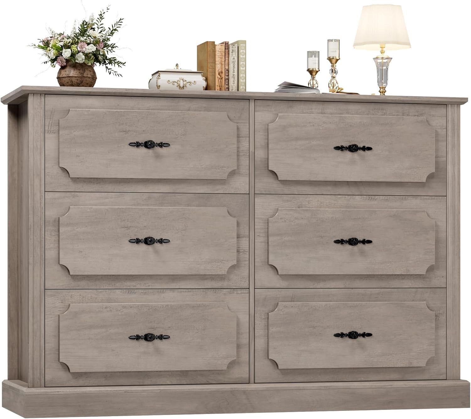 Wood Dresser 6 Drawer, 47.2'' Grey Dresser Farmhouse Dresser Chest of Drawers with Designed Drawer Surfaces, Grey Dresser with Deeper Drawer, Ash Grey