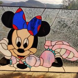 Vintage Minnie Mouse Blue Sleeve Stained Glass Leaded Panel 17.5" x 25"
