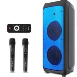 Nova Portable Rechargeable Karaoke Description Bluetooth Speaker by Fuzix – Dual Wireless Microphones, Dynamic LED Lights, FM Radio, USB, Micro SD wit