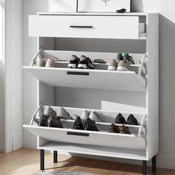 New In Box 32”Wx10”Dx44”H Shoe Storage Shelf  White Cabinet With Double Fold Down Drawer Fits Up To 8 Pairs 