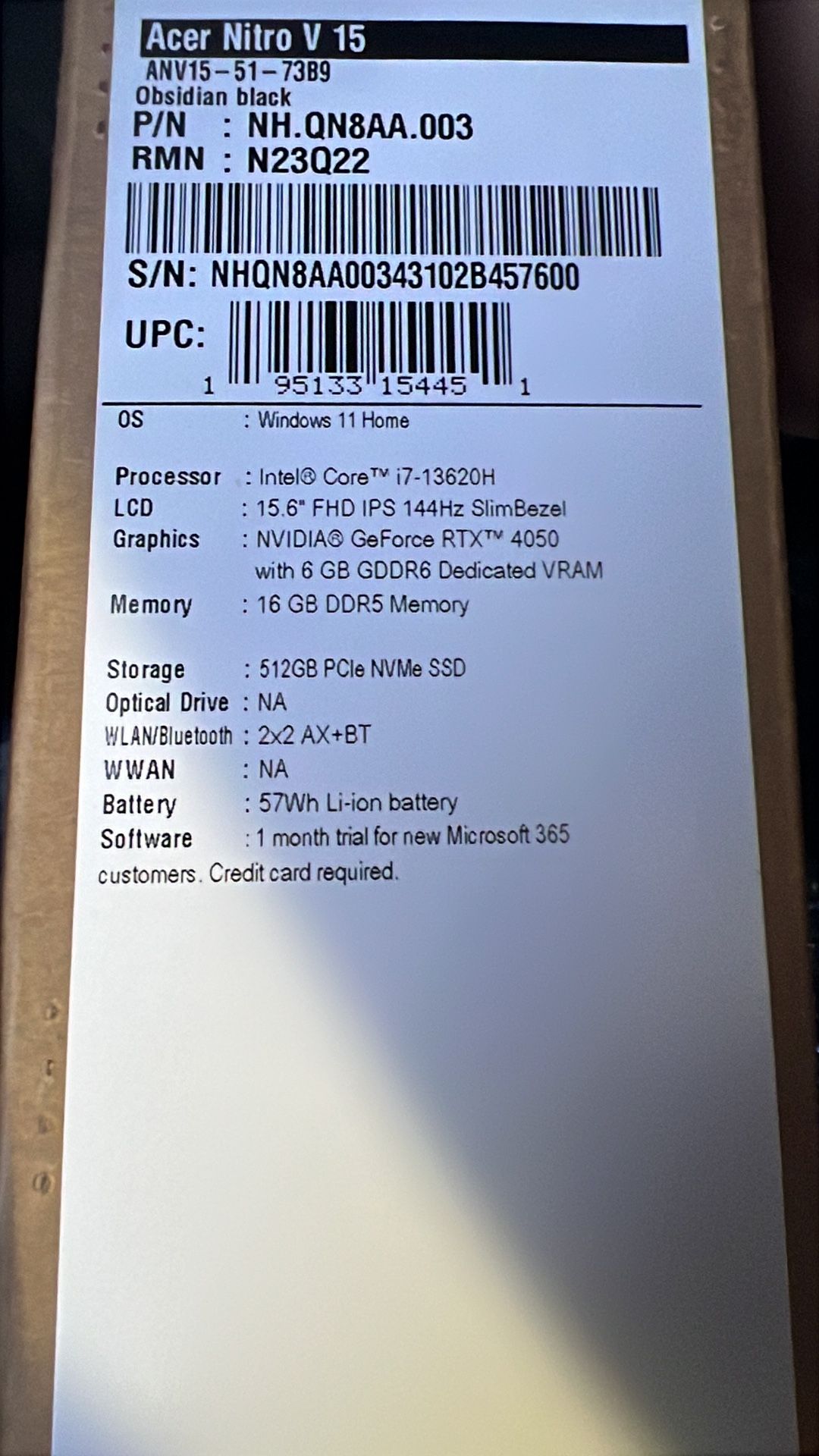 ACER Nitro V15 Gamer Lap Top